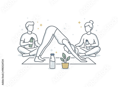 Small group embracing mindful habits with one central figure bending forward in a slow stretch while others sit calmly and hydrate