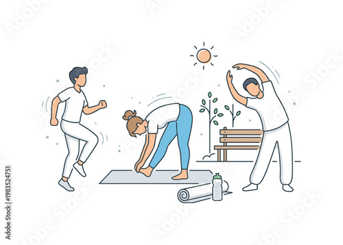 Small group enjoying park wellness with one central figure bending forward on a mat while others step in place and stretch arms
