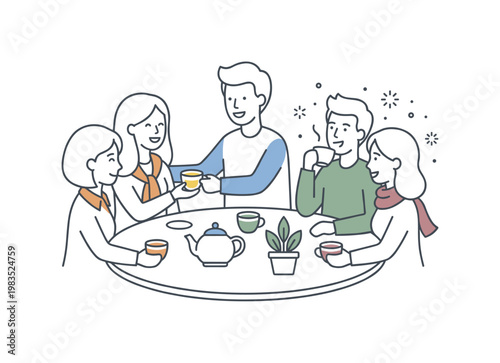 Small group enjoying tea together with one central figure handing a cup to a friend while others hold cups and lean in chatting