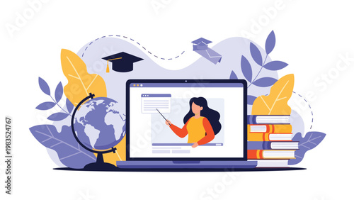 Online education concept with computer screen showing teacher surrounded by books globe and graduation caps for digital e-learning.