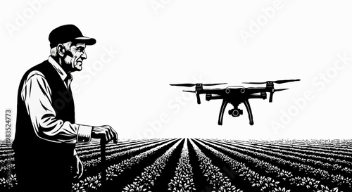 Drone Flying Over Agricultural Field at Sunset — Smart Farming Silhouette