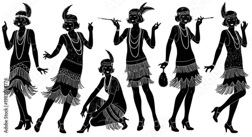 flapper girls in black silhouette dancing.