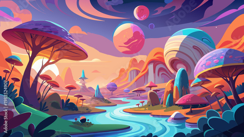 Fantasy landscape, surreal scenery, colorful illustration, vector art