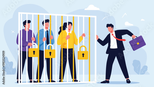 Business employees trapped behind metal bars with heavy locks while their boss walks away into the distance with a briefcase.