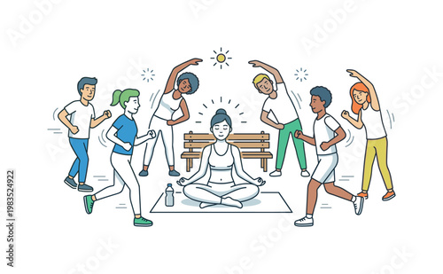Diverse group of people practicing yoga and running outdoors in a park setting