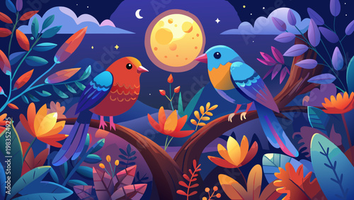 Whimsical night scene, colorful birds, moonlit garden, vibrant floral vector illustration