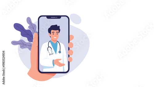 Hand holding a smartphone displaying a virtual medical consultation with a friendly male doctor in a professional white coat.