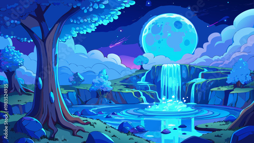 Glowing fantasy landscape, moonlit waterfall, blue surreal scenery, dreamy night environment
