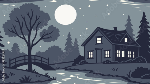 Moonlit house, serene landscape, night scene, vector illustration