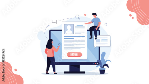 Applicants submitting a professional resume and personal profile through a large computer monitor for an online job application process.