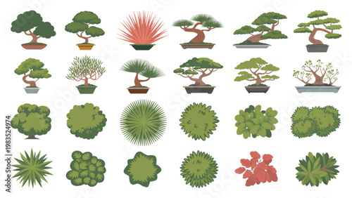 Colorful assortment of stylized tree icons in various shapes and sizes Vector