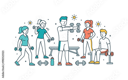 Active group performing easy strength exercises with one central person lifting dumbbells forward while others rotate shoulders