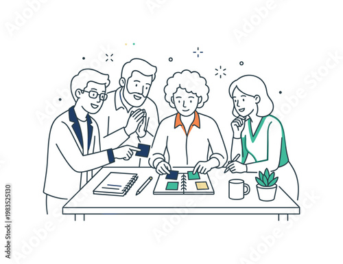 Group sharing a planning moment with one central person arranging notes while others contribute by pointing and reacting in a
