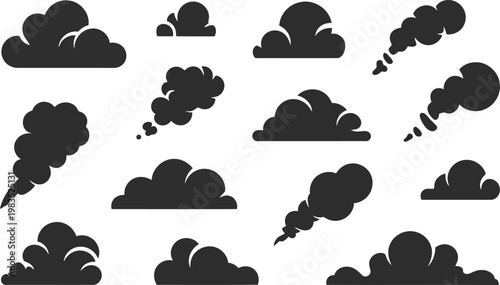 Collection of black smoke plumes and cloud like vapor effects