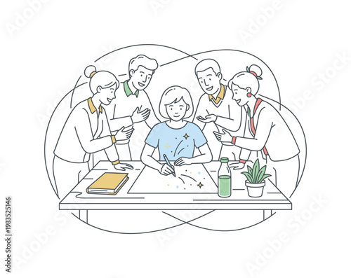 Group engaged in creative planning with one person leading by writing on paper at center while others lean closer discussing and