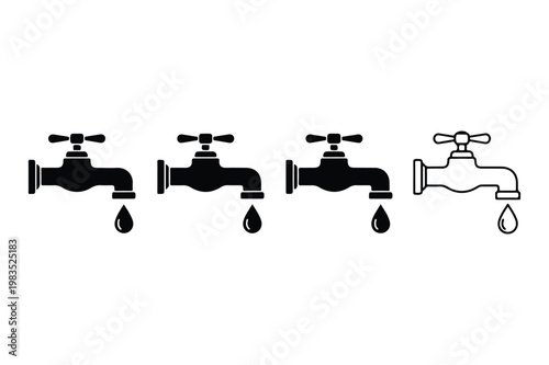 A set of four black silhouette water taps with dripping drops isolated on a white background