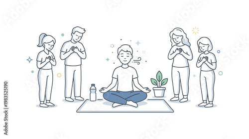 Small group practicing mindful breathing together with one central figure sitting cross legged and inhaling calmly while others