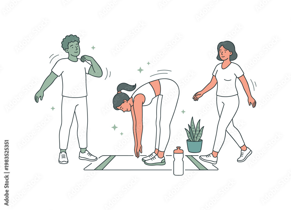 Fototapeta premium Small group sharing a post jog pause with one central figure sitting on a mat drinking water while others stretch arms and walk