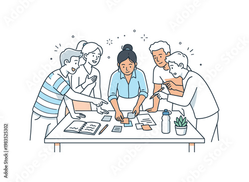 Group sharing a problem solving moment with one central person arranging notes while others contribute by pointing and reacting in