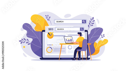 SEO specialist working on a laptop to optimize search engine results with various data charts and search bars around him.