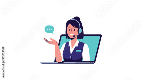 Friendly customer support representative wearing a headset and appearing through a laptop screen with a blue speech bubble.