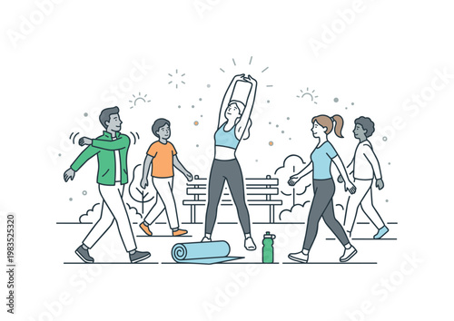Casual group engaged in a daily movement routine with one person at center reaching forward in a stretch while others loosen