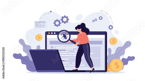 Female developer using a magnifying glass to detect a software bug on a computer monitor surrounded by gold coins and gears.