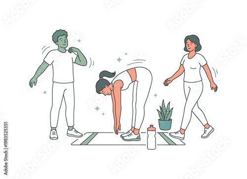 Small group sharing a post jog pause with one central figure sitting on a mat drinking water while others stretch arms and walk