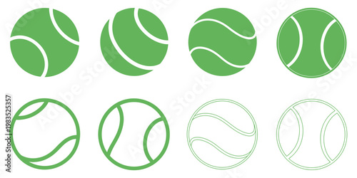 Tennis ball icon set, sport equipment vector collection, static motion tennis balls, match training game design illustration