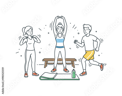 Active group taking a short break together with one central person raising arms upward while others stretch legs and adjust