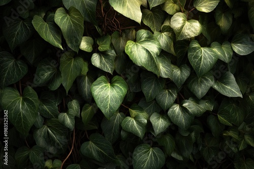 Dense green ivy, heart-shaped leaves, texture, natural light creates highlights and shadows