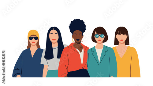 Diverse group of five women from different ethnicities standing together in various casual and professional colorful outfits.