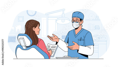 Male dentist wearing a surgical mask and cap talking to a female patient sitting in a blue dental chair in a bright clinic.