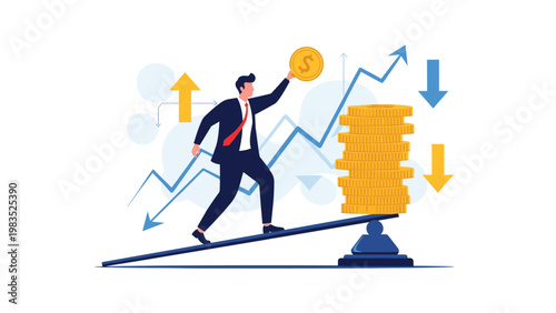 Businessman balancing on a board while trying to reach a tall stack of gold coins with financial trend arrows around him.