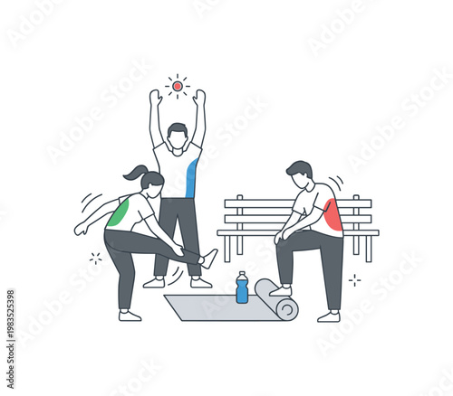 Diverse group of people stretching and exercising outdoors in a park setting