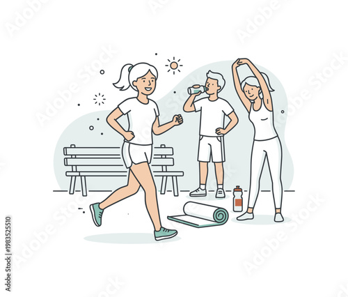 Casual group engaged in a simple workout with one central person stepping forward in a light jog while others stretch arms and