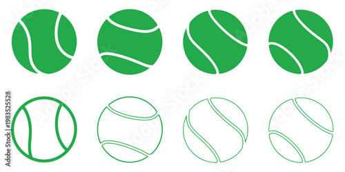 Tennis ball icon set, sports equipment vector icons, tennis balls in motion and static poses, match game graphics