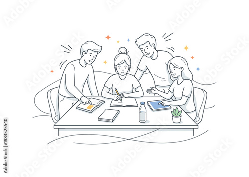 Small home study group collaborating with one person at center writing notes while others review and gesture around the table in a