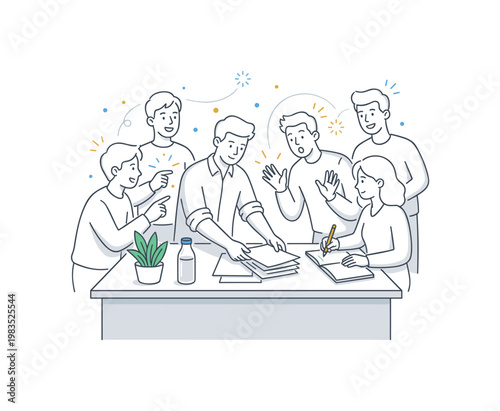 Group of learners sharing ideas around a desk with one central person arranging papers while others contribute by pointing and