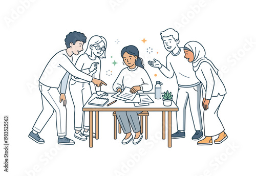 Group of learners sharing a study moment with one central person arranging papers while others contribute by pointing and reacting