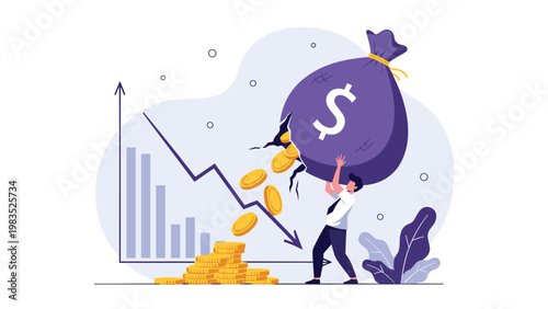 Businessman struggles to catch gold coins falling from a torn money bag as a downward financial graph indicates economic loss and failure.