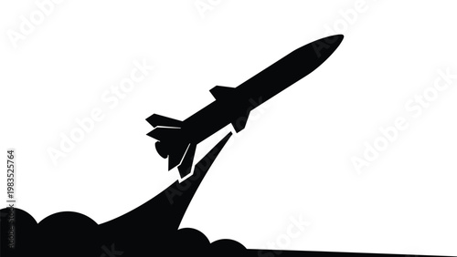 Silhouette of a powerful missile launching into the sky with a trail of smoke and fire against a plain white background for military use.