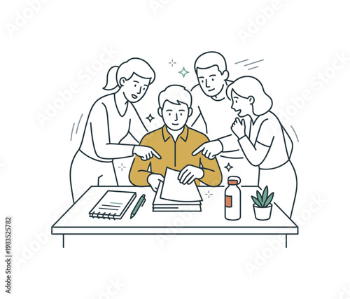 Office team engaged in a focused task with one person at center arranging papers while others contribute by pointing and reacting