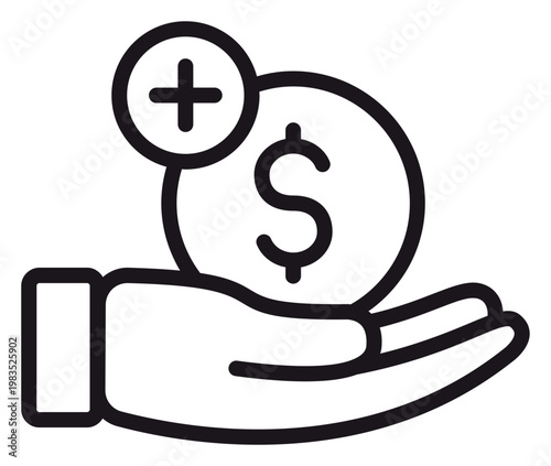 Black line vector icon of a hand holding a dollar coin with a plus sign, representing financial growth, income, profit, salary increase, donation, or investment gain. Minimalist graphic symbol.