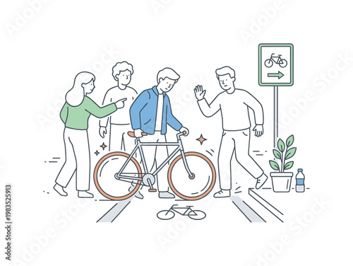 Group of pedestrians navigating a bike lane crossing with one person at center guiding a bicycle while others step forward