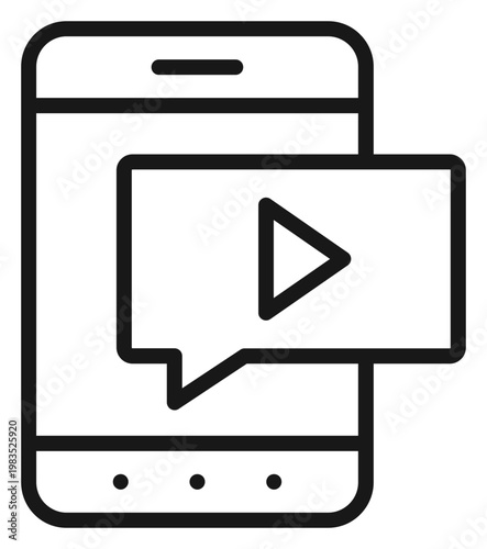 Minimalist black vector icon illustration of a smartphone with a speech bubble containing a play button, symbolizing mobile video messaging, online streaming, and digital media communication.