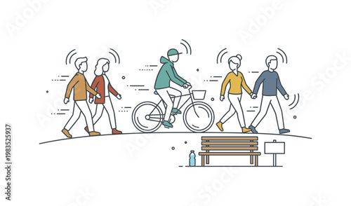 People navigating an urban route together with one central figure pedaling a bicycle while others walk in a coordinated way beside