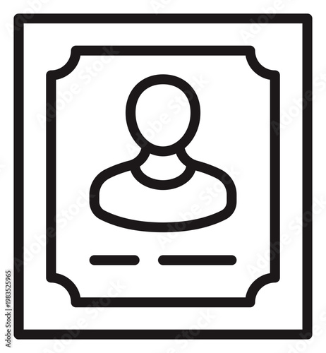 Foto Black line vector icon of a person's silhouette inside a decorative frame, representing a user profile, identification card, or framed portrait, isolated on white for graphic design projects