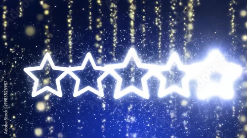 Three out of five glowing stars rating on blue background with falling lights