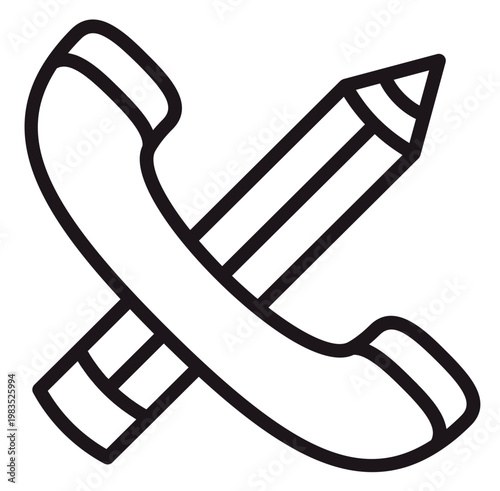 Black line vector icon illustration of a telephone handset crossed with a pencil, representing communication, taking notes, contact information, and business editing services on white background.